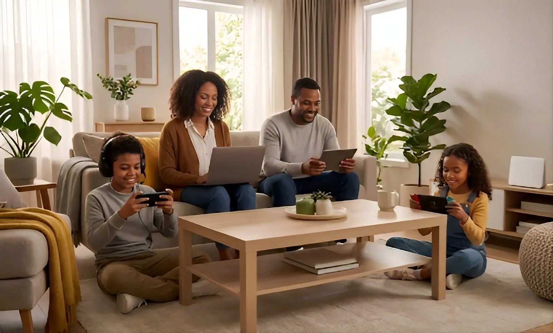 Familia feliz disfrutando de internet de fibra óptica de alta velocidad de Full Fibra TIC en Valle de la Pascua